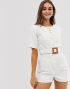 Asos Design Denim Collarless Button Through Romper With Belt - White