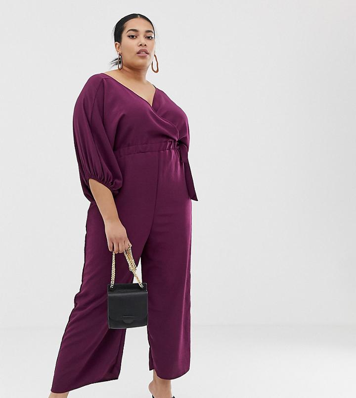 Asos Design Curve Kimono Sleeve Jumpsuit With Wrap And Culotte Leg-purple