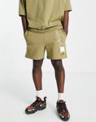 Asos Dark Future Relaxed Shorts With Graphic And Logo Print In Khaki Green - Part Of A Set