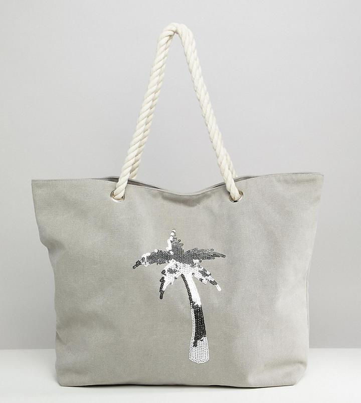 South Beach Gray Washed Beach Bag With Palm Tree Sequins - Gray