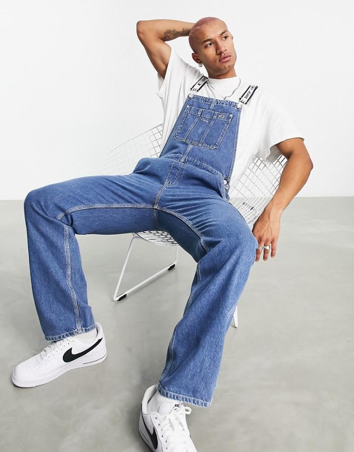 Tommy Jeans Carpenter Denim Loose Fit Overalls In Mid Wash-blue