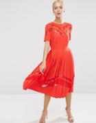 Asos Premium Pleated Midi Dress With Lace Inserts - Red