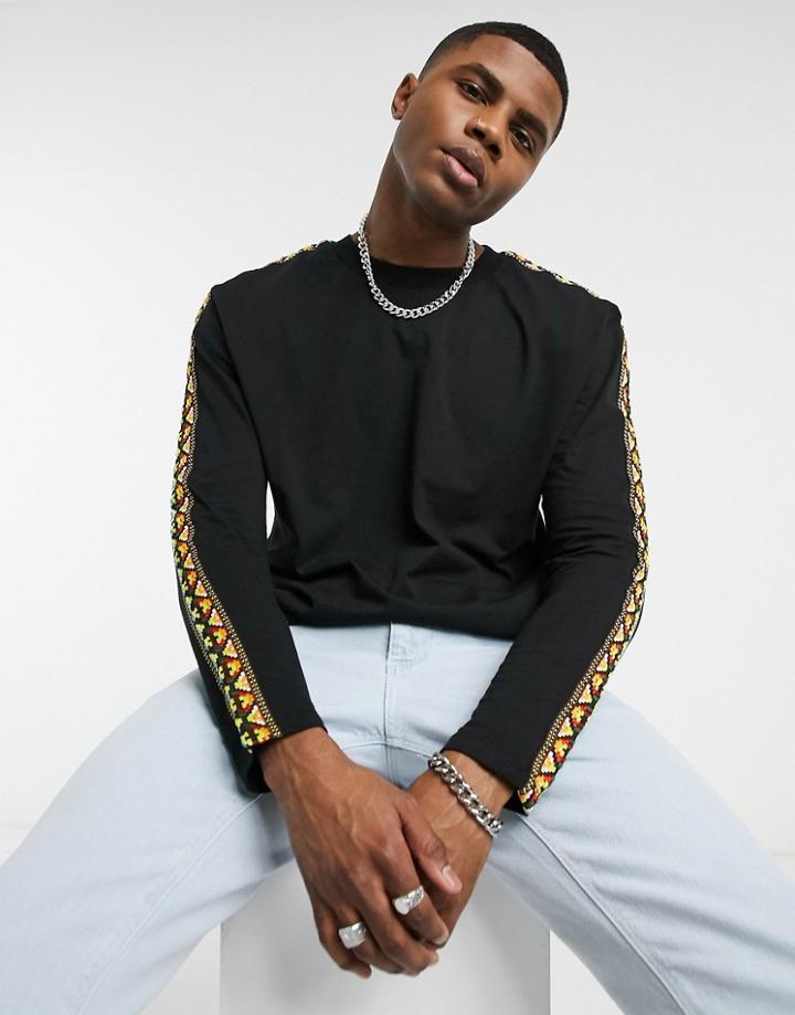 Asos Design Relaxed Long Sleeve T-shirt With Rainbow Aztec Taping-black