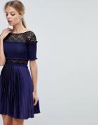 Three Floor Pleated Mini Dress With Lace Inserts - Navy