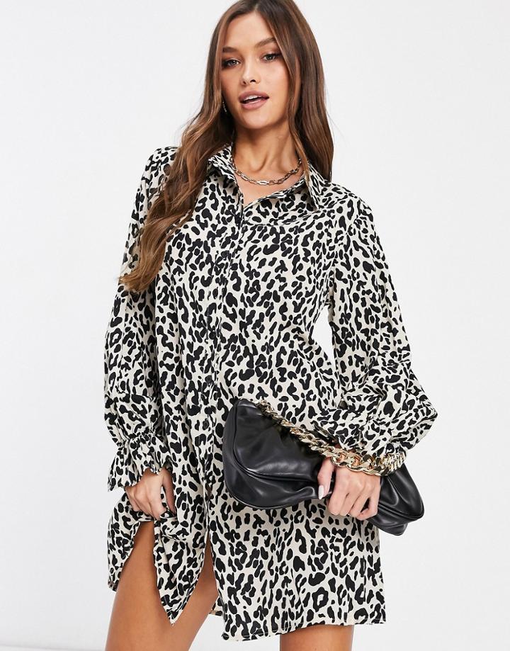 Missguided Shirt Dress With Frill Cuff Detail In Leopard Print-neutral