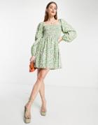 Envii Cotton Balloon Sleeve Smock Dress In Spring Floral - Lgreen