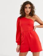 Asos Design One Shoulder Blouson Sleeve Romper - Red