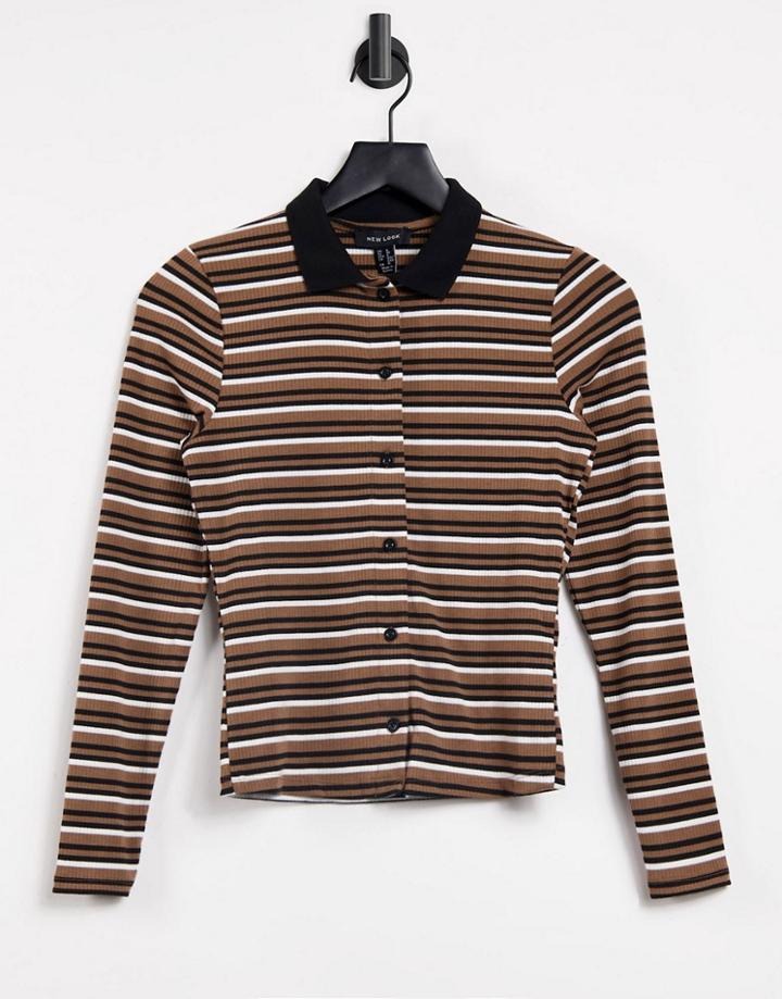 New Look Button Through Collar Detail T-shirt In Brown Stripe