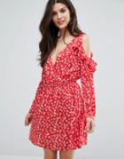 Influence Cold Shoulder Ruffle Wrap Dress - Red