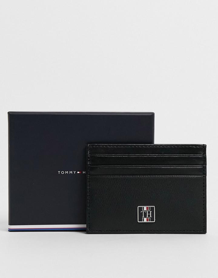 Tommy Hilfiger Leather Monogram Cardholder In Black
