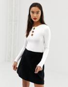 Asos Design Wide Rib Lettuce Hem Top With Long Sleeves And Horn Buttons-white
