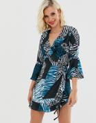 Outrageous Fortune Ruffle Wrap Dress With Fluted Sleeve In Mixed Print-multi