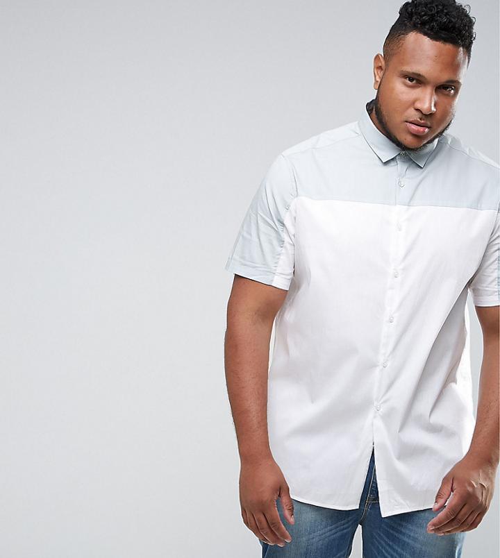 Asos Plus Slim Cut And Sew Shirt With Pale Green Panel - White