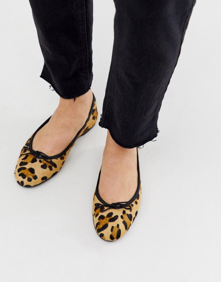 Asos Design Lenor Leather Bow Ballet Flats In Leopard-multi