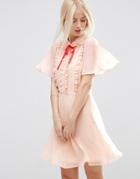 Asos Short Sleeve Ruffle Front Tea Dress With Contrast Tie - Pink