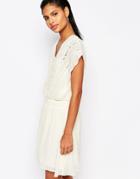 Moon River Cinched Waist Dress With Lace Embroidery - Cream