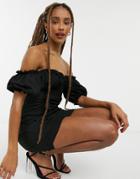 In The Style X Shaughna Puff Sleeve Shirred Mini Dress In Black