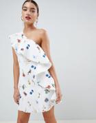 Asos Design Floral One Shoulder Ruffle A-line Mini Dress - Multi