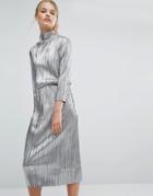 First & I Metallic High Neck Plisse Midi Dress - Silver