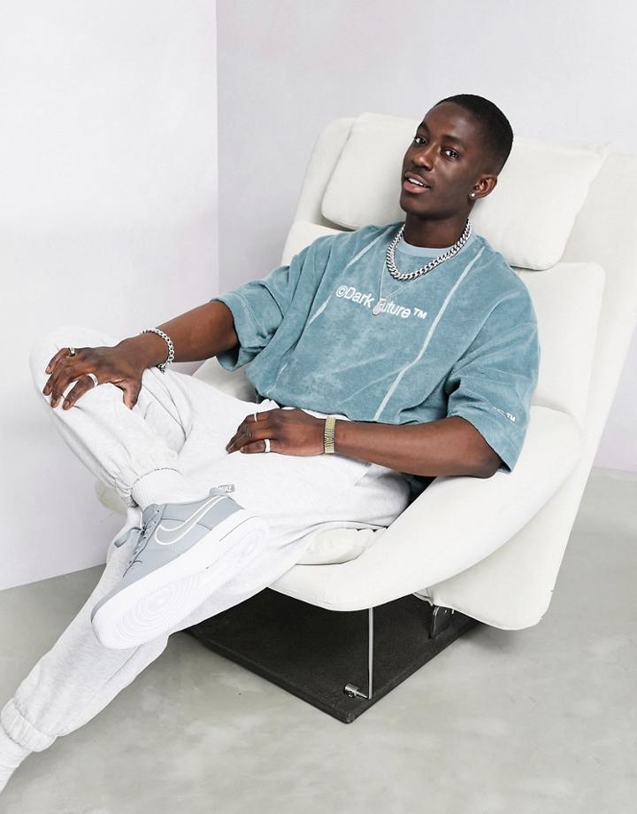 Asos Dark Future Oversized T-shirt In Teal In Reverse Loop Back Jersey With Seam Detail-blues