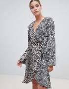 Prettylittlething Frill Wrap Midi Dress In Mixed Animal Print - Multi