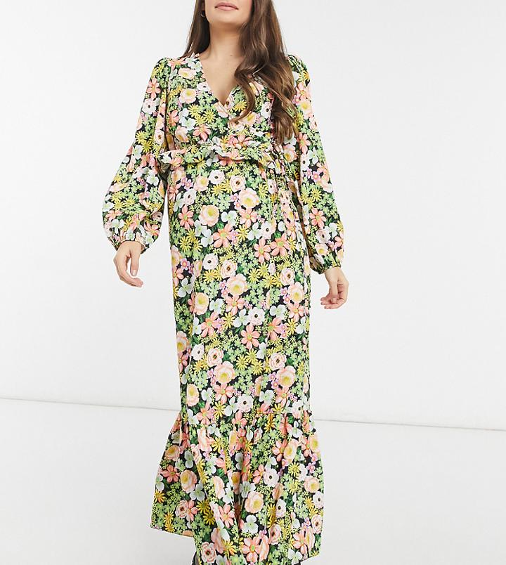 Asos Design Maternity Wrap Front Maxi Dress In Rose Bloom Print-multi