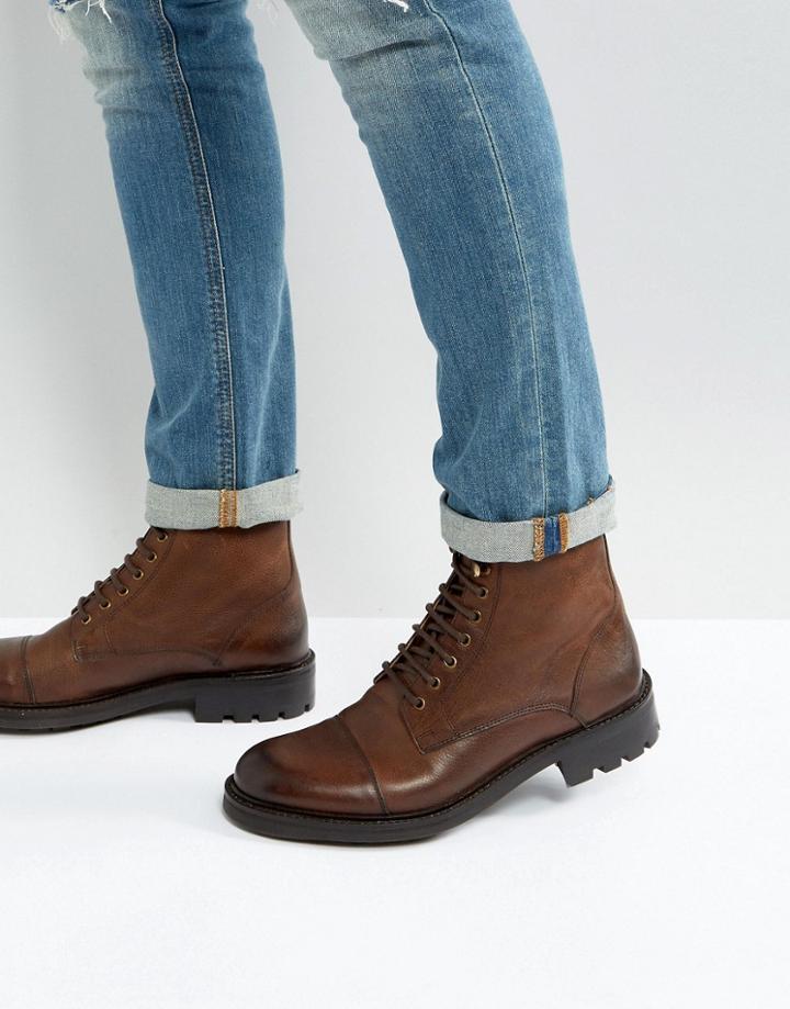 Walk London Sean Leather Lace Up Boots - Brown