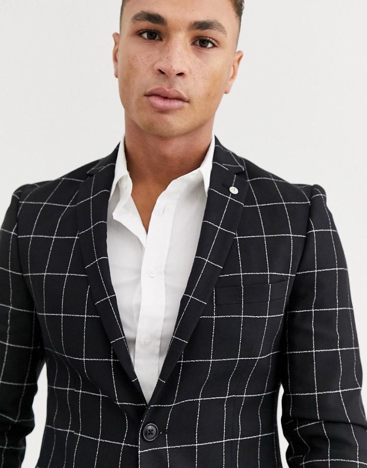 Avail London Skinny Suit Jacket In Black Windowpane Print
