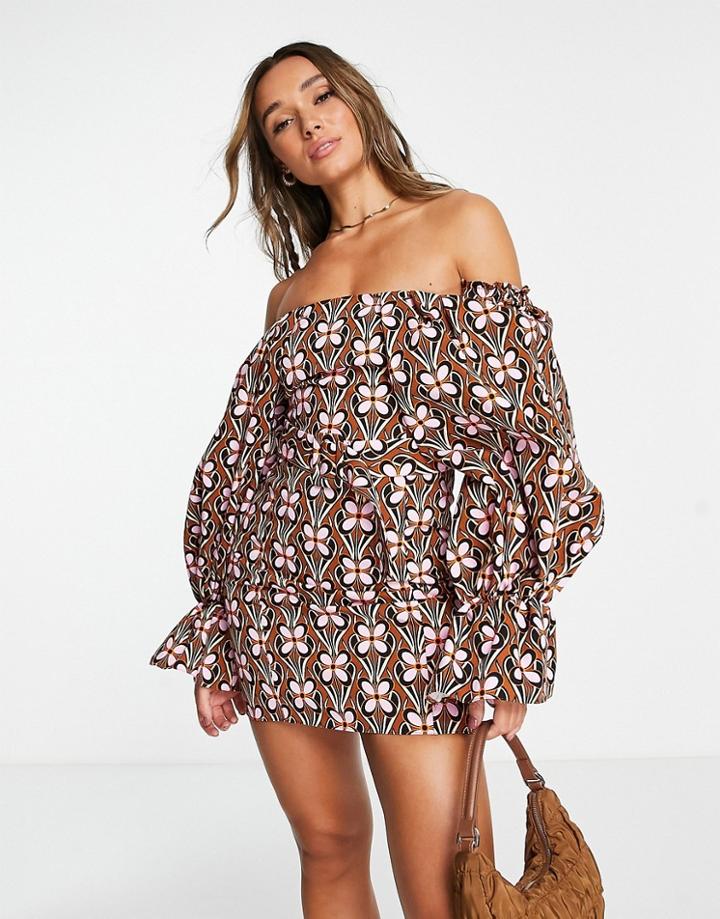 Asos Luxe Extreme Sleeve Belted Mini Dress In Retro Floral Print-multi
