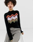 River Island Contrast Chevron Sweater In Black