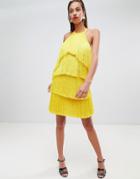 Asos Design Premium Fringe Halter Tassel Back Mini Dress-yellow
