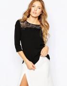 Ichi 3/4 Sleeve Top With Lace Detail - Black