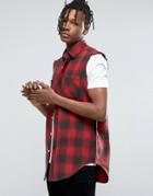Asos Regular Fit Longline Sleeveless Check Shirt With Acid Wash In Red - Red