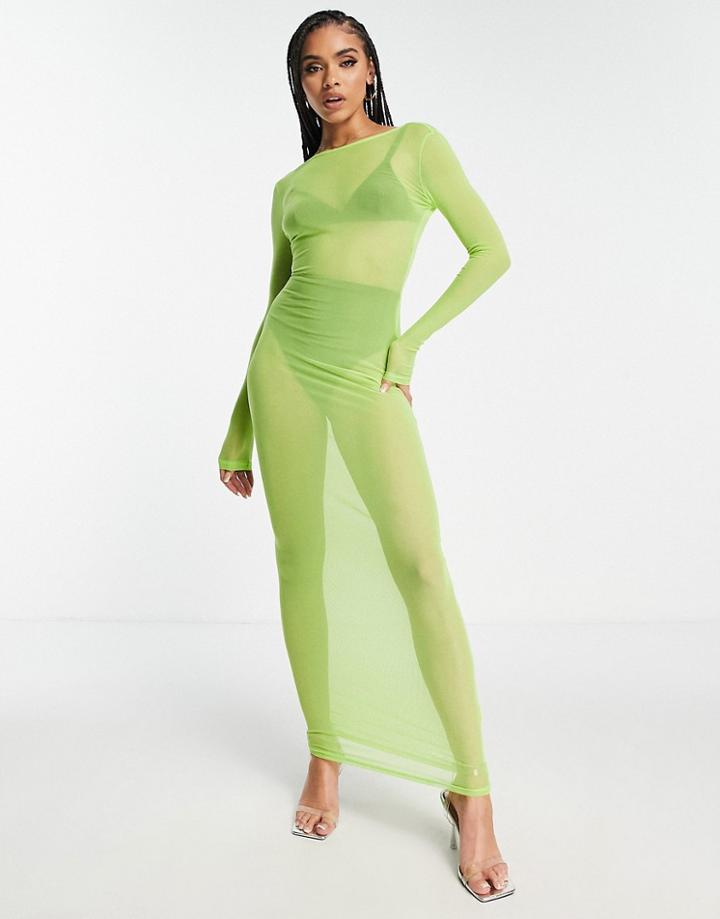Simmi Long Sleeve Sheer Maxi Scoop Back Dress In Lime-multi