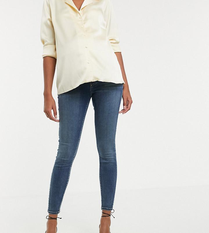 Asos Design Maternity Ridley High Waisted Skinny Jeans In Extreme Dark Stonewash Blue With Under The Bump Waistband