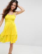 Asos Shirred Mini Sundress With Tiered Skirt - Yellow