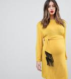 Asos Maternity Kimono Sleeve Mini Dress With Self Tie Fringe Belt - Yellow