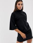 Asos Design High Neck Mini Swing Dress With Trumpet Sleeves-black