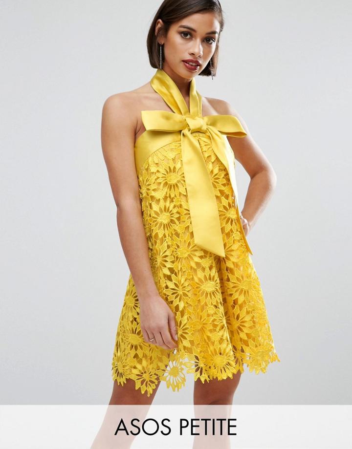Asos Petite Salon Aline Lace Mini Dress With Bow Detail - Yellow