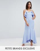 John Zack Petite Ruffle Front Fishtail Maxi Dress With High Low Hem - Blue