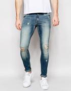 Asos Extreme Super Skinny Jeans With Knee Rip Detail - Mid Blue