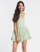 Asos Design Textured Trapeze Tiered Romper In Mint Green-multi