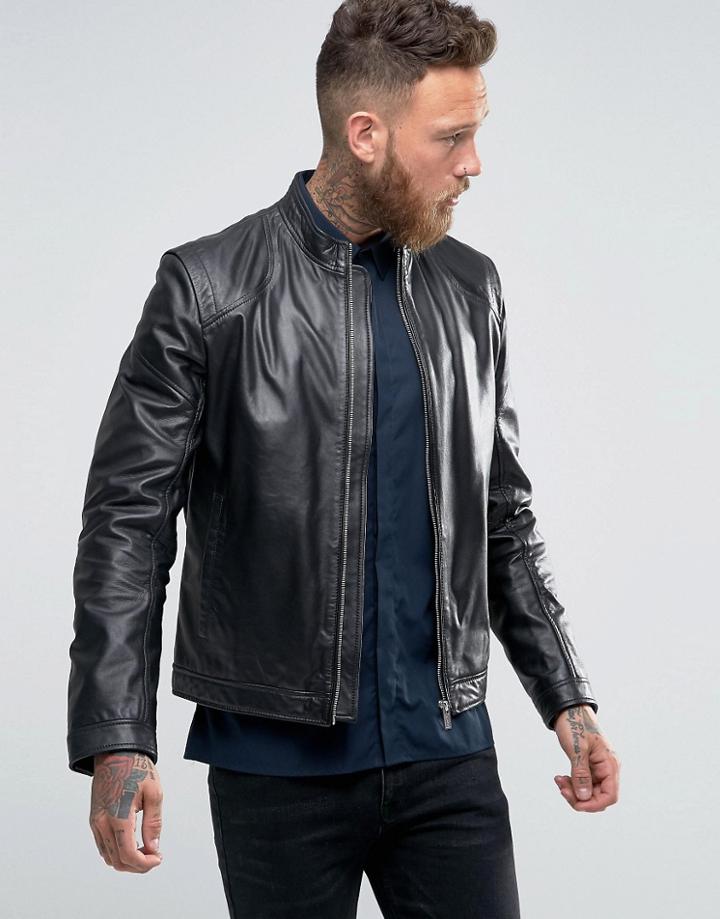 Hugo By Hugo Boss Leather Biker Jacket - Black