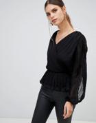 River Island Gathered Wrap Front Blouse In Black
