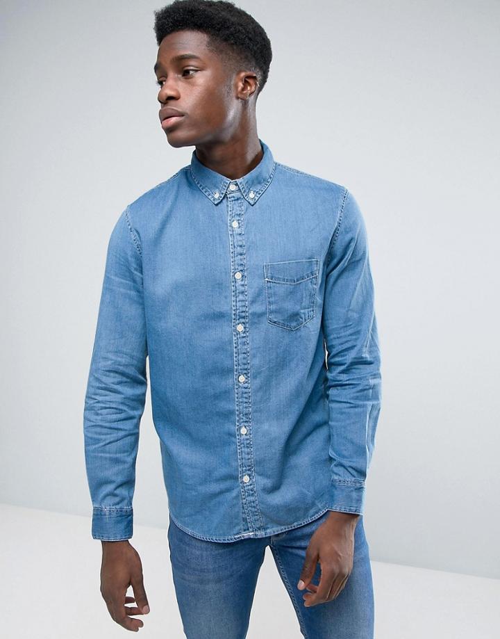 Bershka Denim Shirt In Mid Wash - Blue