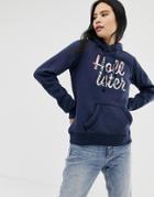 Hollister Floral Embroidered Logo Hoodie - Navy