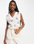 Liquorish V Neck Knitted Vest With Cherry Embroidery In White