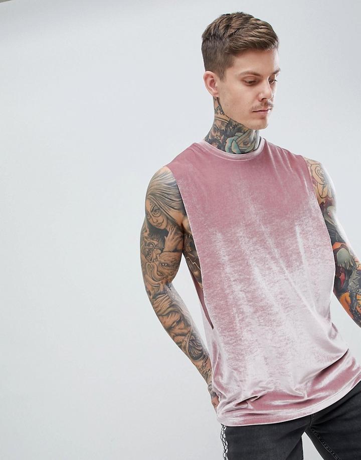 Asos Design Longline Sleeveless T-shirt In Velour In Pink - Pink
