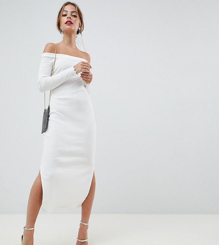 Asos Design Petite Off Shoulder Rib Midi Dress With Tie Back - White