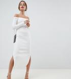 Asos Design Petite Off Shoulder Rib Midi Dress With Tie Back - White